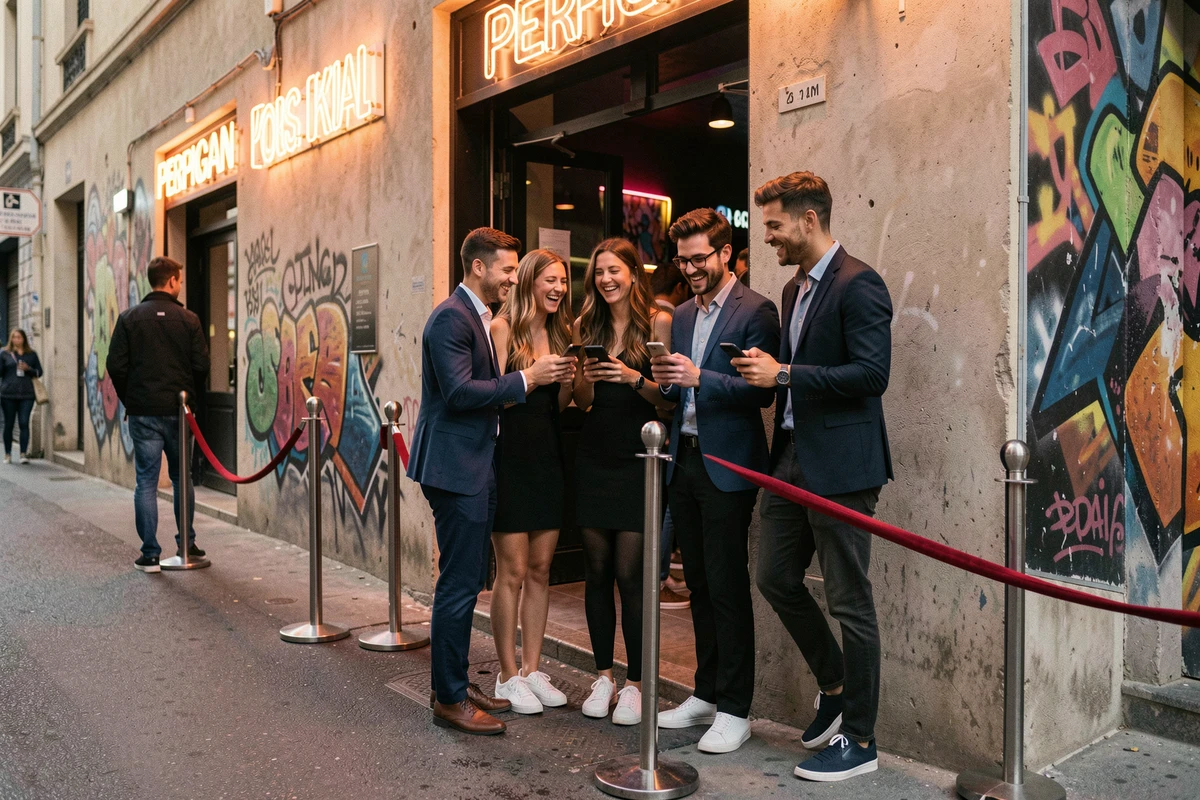 Groupe de jeunes adultes devant l'entrée d'une discothèque à Perpignan, attendant derrière un cordon VIP lors d'une première sortie en boîte de nuit