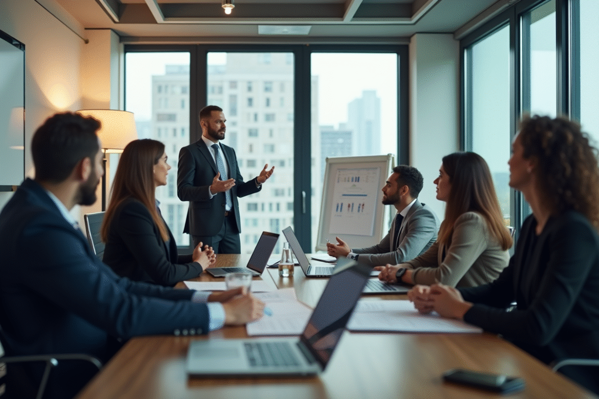 Cadre confiant présentant une stratégie à une équipe diverse dans un bureau lumineux