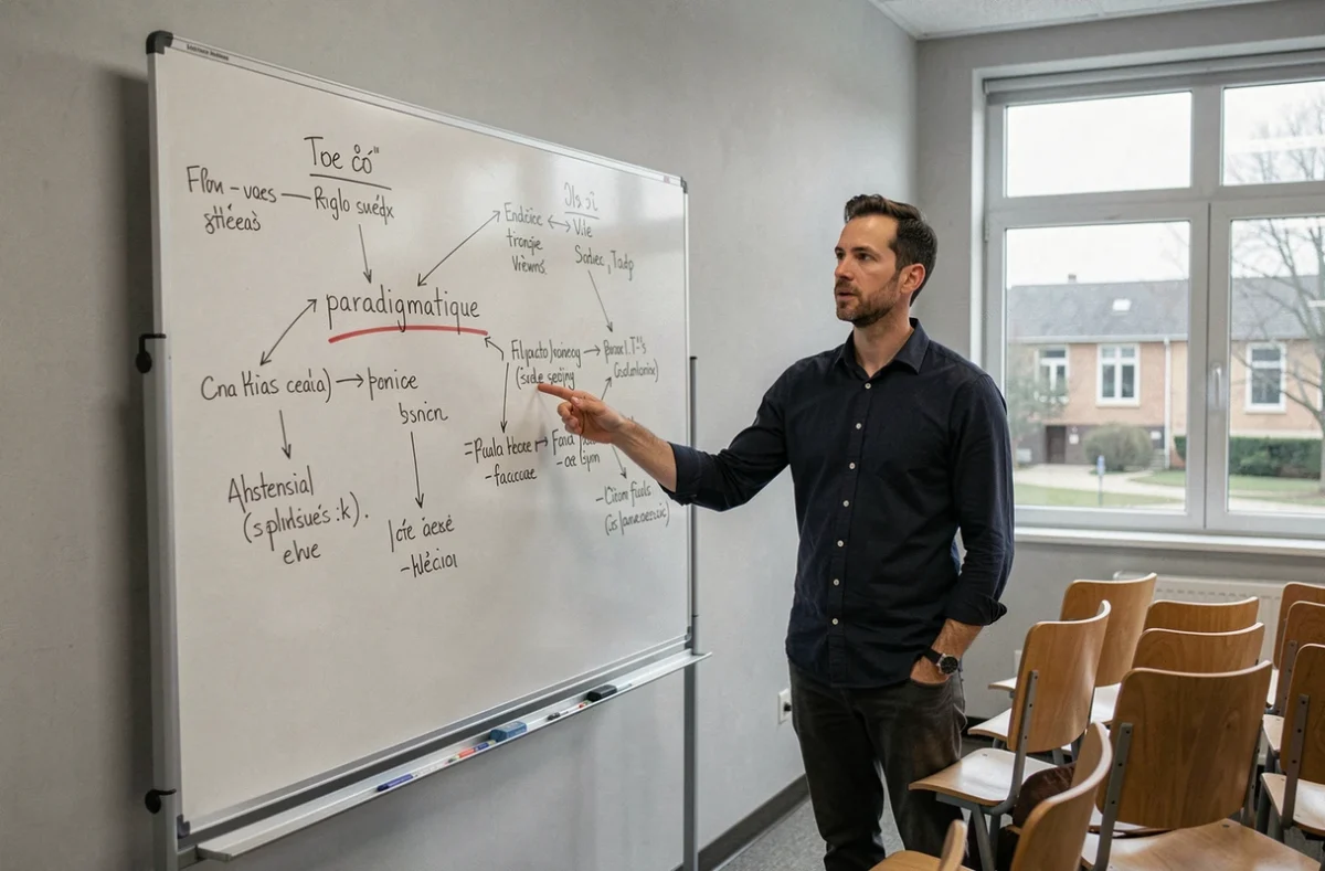 Professeur de linguistique expliquant la définition paradigmatique devant un tableau blanc dans une salle de cours universitaire