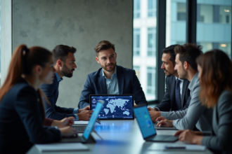 Groupe de professionnels collaborant autour d'une table avec blockchain