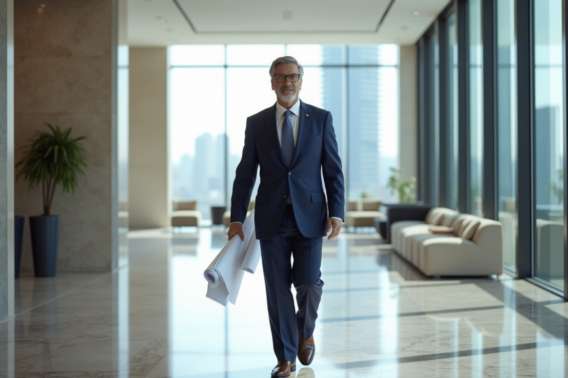 Promoteur immobilier homme en costume dans un lobby moderne