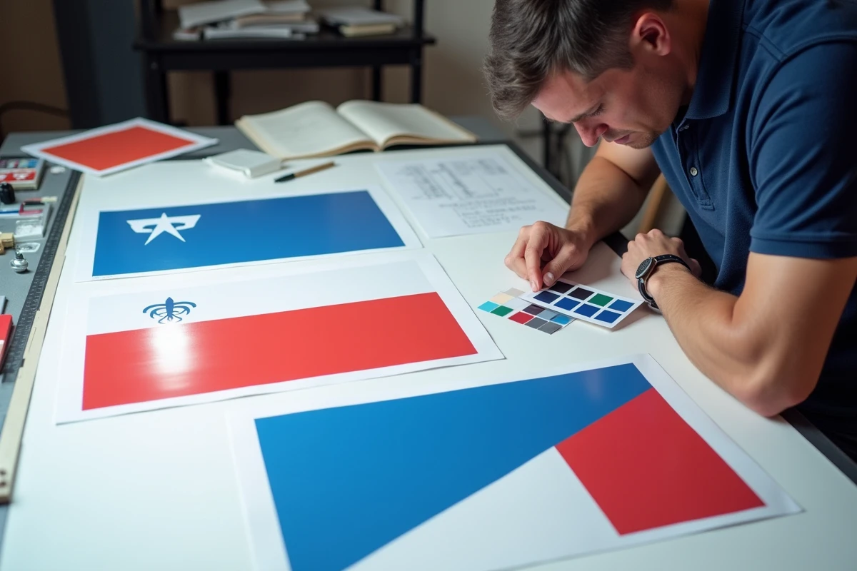 Comparaison de trois prototypes de drapeaux personnalisés bleus et rouges sur table de travail