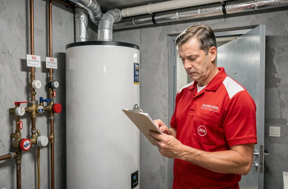 Technicien de Proxiserve effectuant une maintenance annuelle sur un chauffe-eau collectif en chaufferie résidentielle