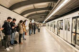 Quai de la ligne 14 du métro parisien avec des voyageurs attendant le train derrière les portes palières automatiques