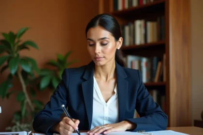 Femme professionnelle nord-africaine consultant des documents dans un bureau, illustrant une recherche biographique vérifiée