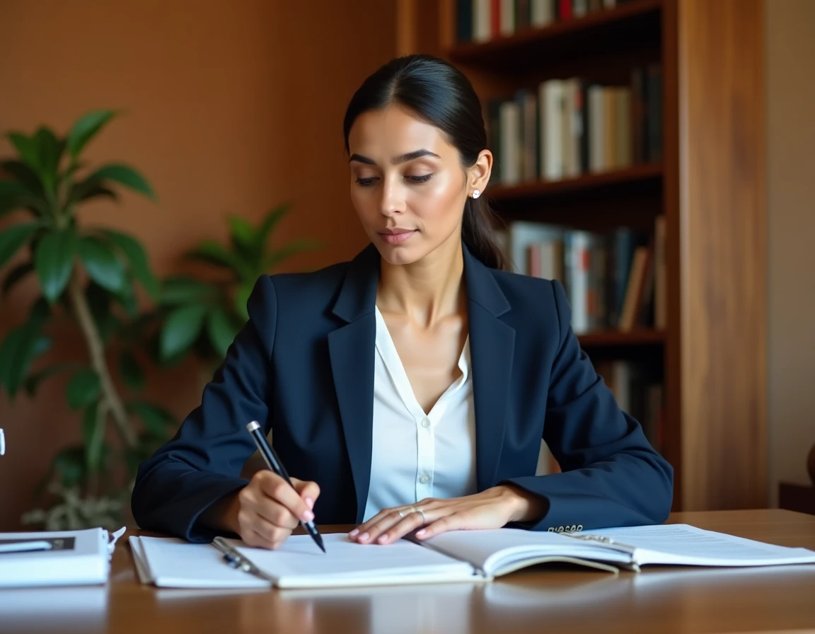 Femme professionnelle nord-africaine consultant des documents dans un bureau, illustrant une recherche biographique vérifiée