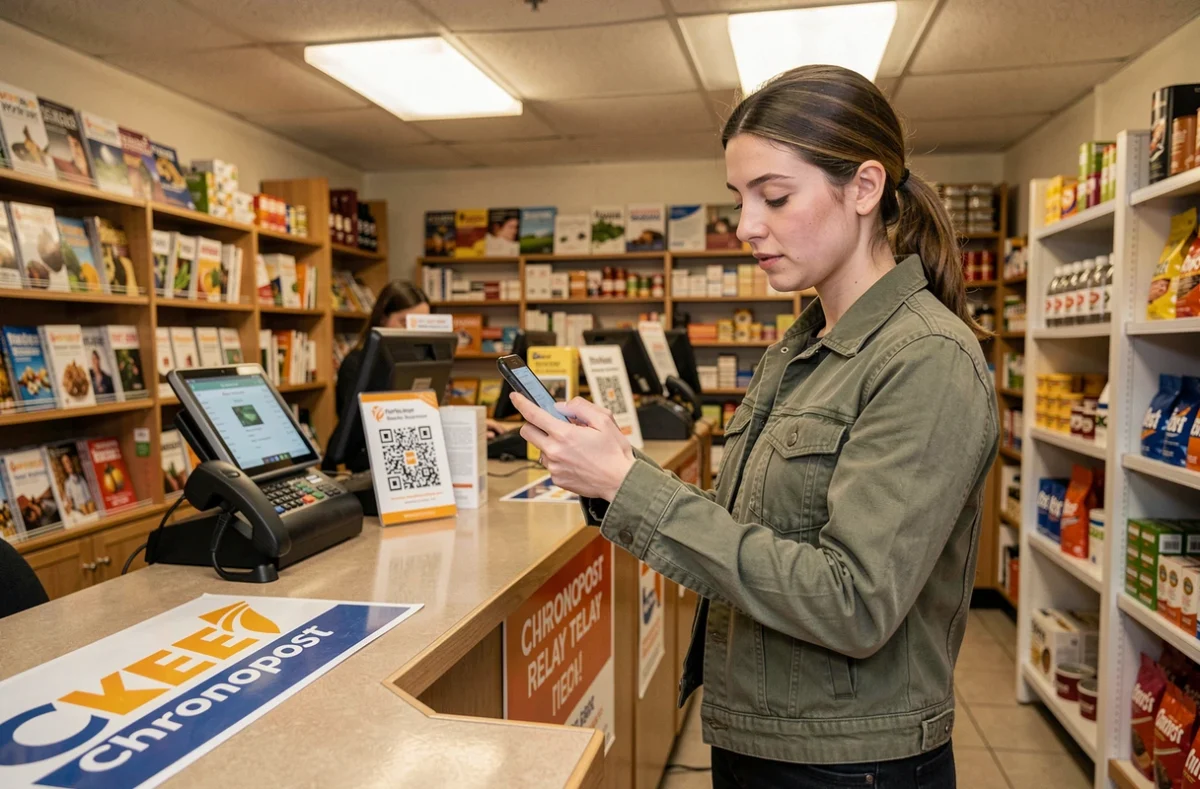 Femme récupérant un colis Chronopost en relais en scannant un QR code sur son smartphone dans un bureau de tabac