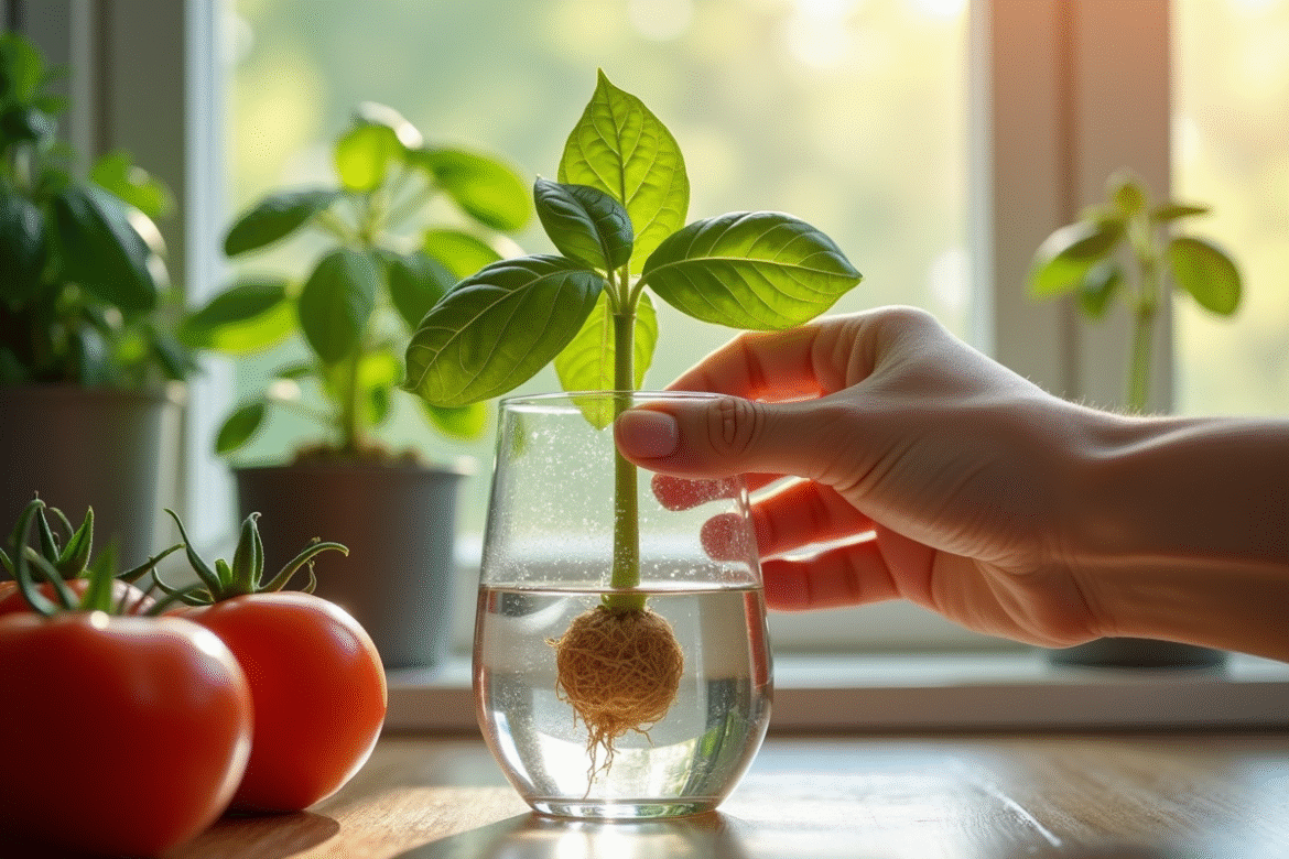 Main plaçant un basilic avec racines dans l'eau en cuisine