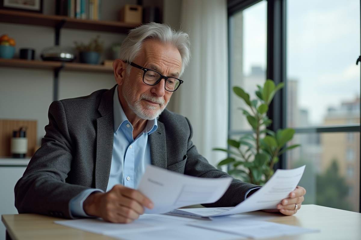 Homme retraité français lisant ses papiers dans une cuisine moderne