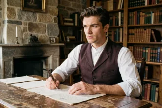 Jeune homme en costume du XIXe siècle assis à un bureau ancien avec des manuscrits, évoquant l'univers du roman Le Rouge et le Noir de Stendhal