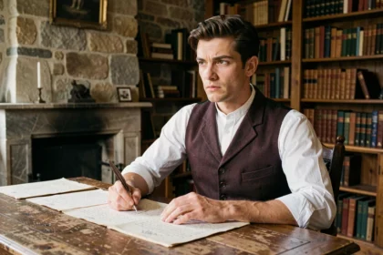 Jeune homme en costume du XIXe siècle assis à un bureau ancien avec des manuscrits, évoquant l'univers du roman Le Rouge et le Noir de Stendhal