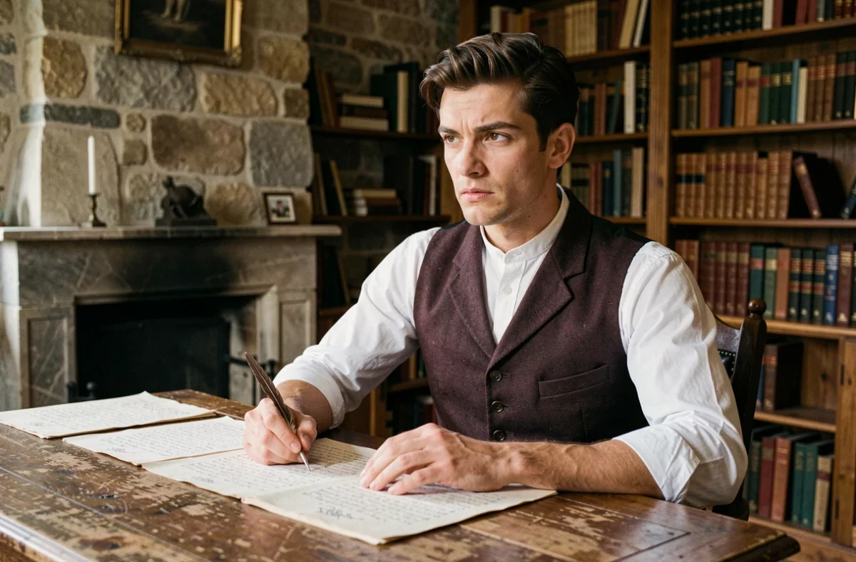 Jeune homme en costume du XIXe siècle assis à un bureau ancien avec des manuscrits, évoquant l'univers du roman Le Rouge et le Noir de Stendhal