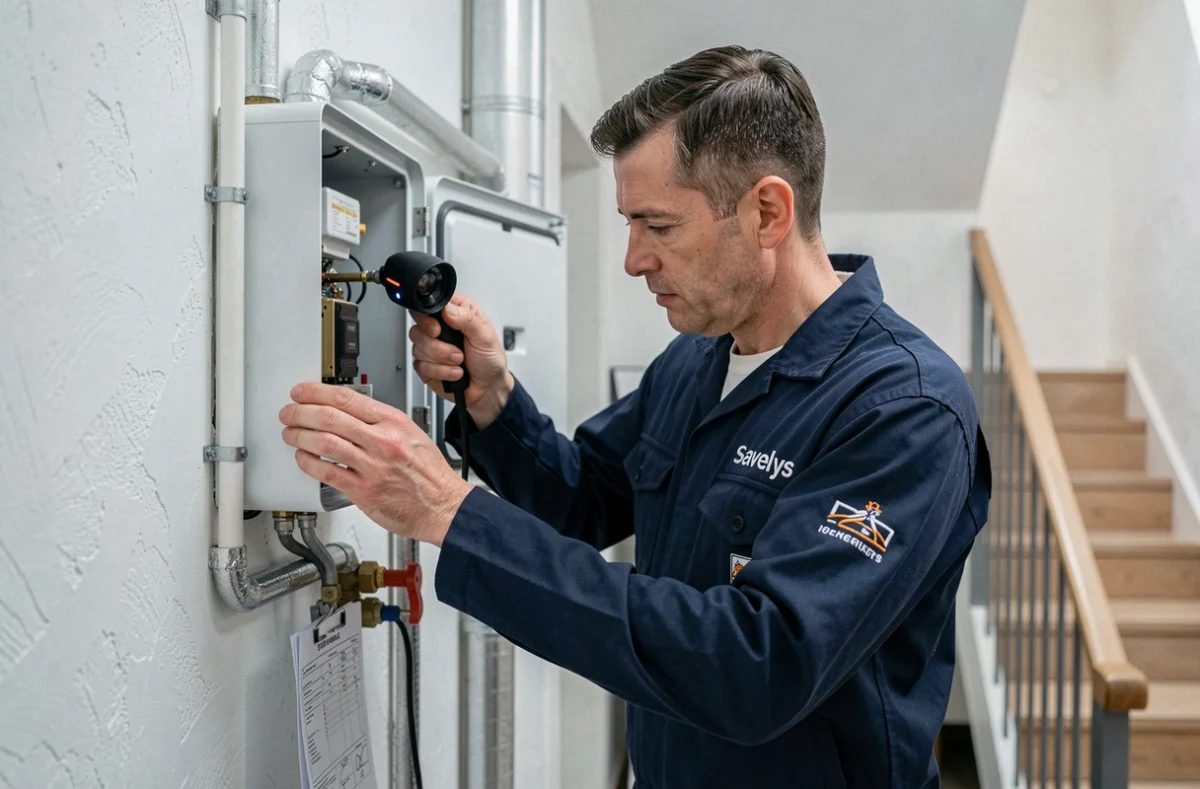 Technicien Savelys inspectant les composants internes d'une chaudière murale avec une caméra d'inspection dans un appartement parisien