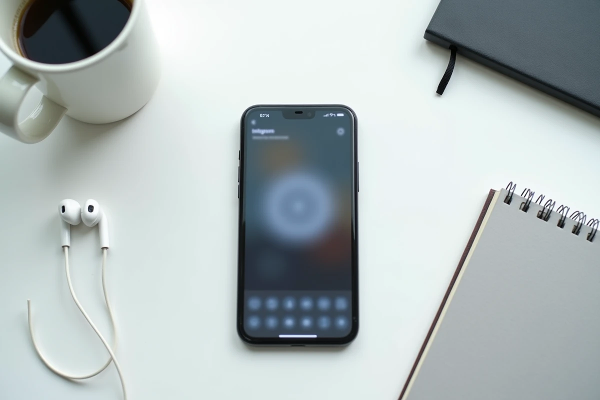 Smartphone posé sur un bureau avec une interface Instagram ouverte illustrant la navigation anonyme des stories
