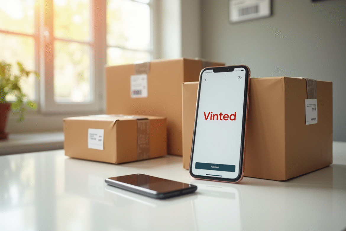 Smartphone affichant l application Vinted sur une table lumineuse