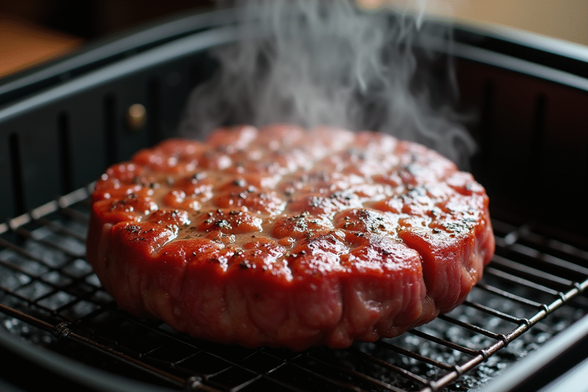 Steak hamburger cuit dans une friteuse à air avec vapeur