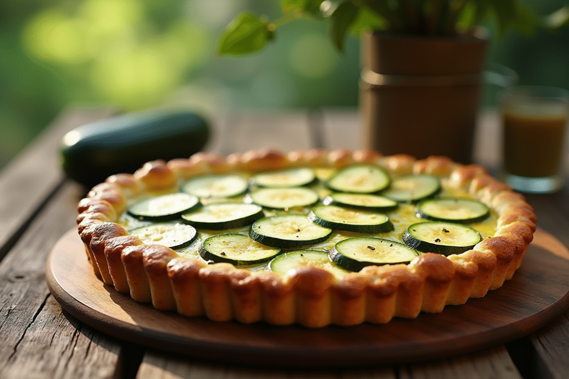 Tarte courgette et chèvre fraîchement cuite sur table en lumière naturelle