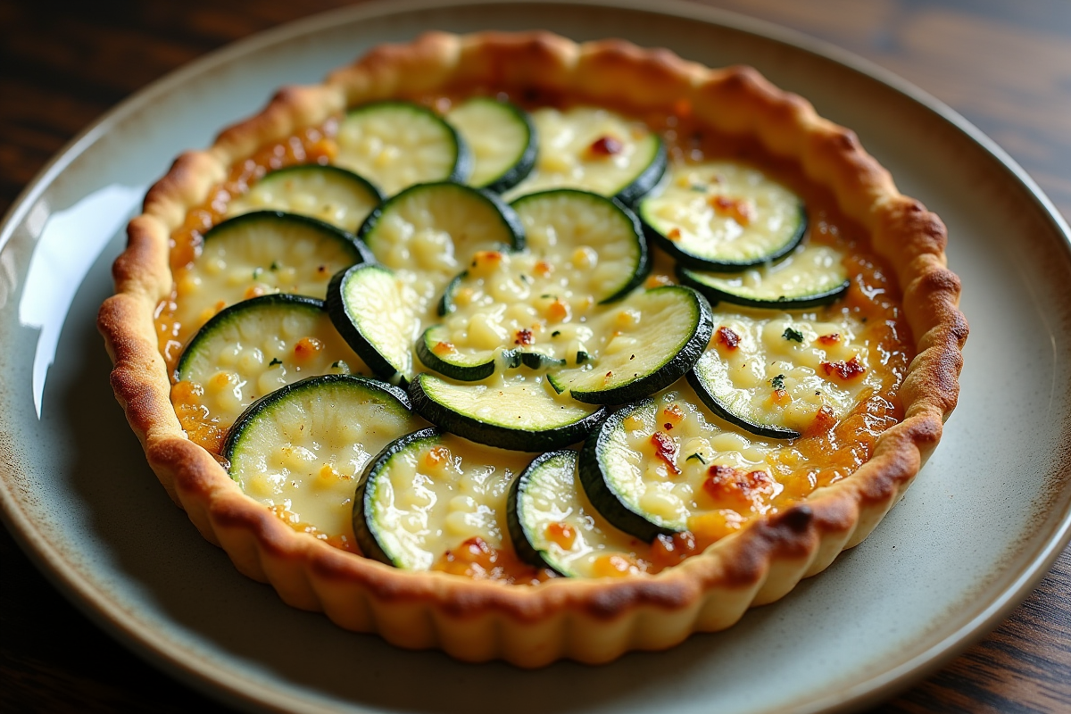 Tranche de tarte courgette et chèvre servie sur assiette en lumière claire