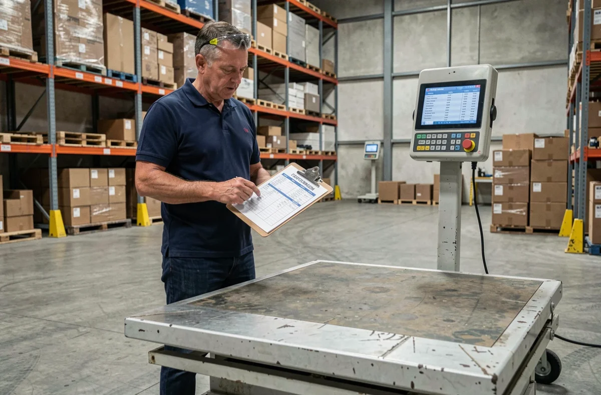 Technicien en entrepôt consultant un tableau de conversion tonnes-kilogrammes sur un presse-papiers près d'une balance industrielle