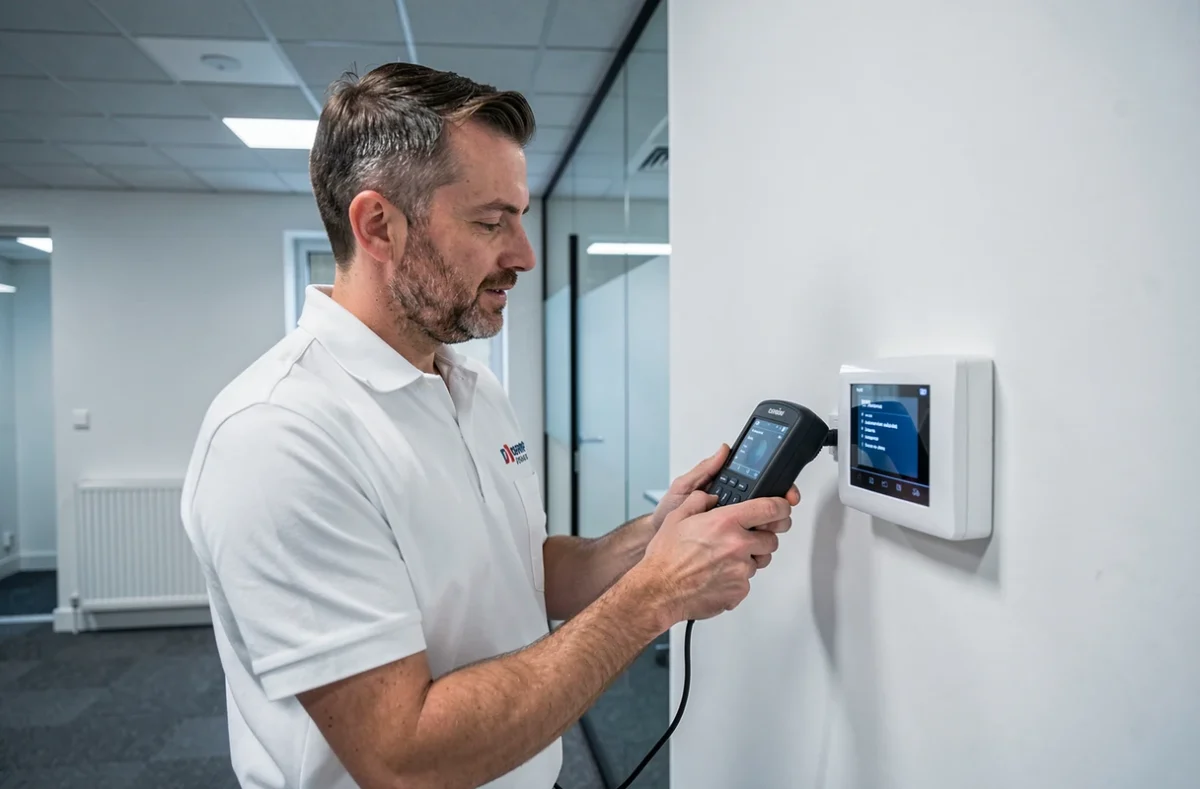 Ingénieur chauffagiste de TECNISENS réalisant un diagnostic numérique sur un système de chauffage connecté