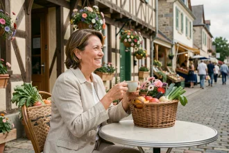 Femme attablée en terrasse à Deauville avec un café et un panier de marché rempli de légumes frais