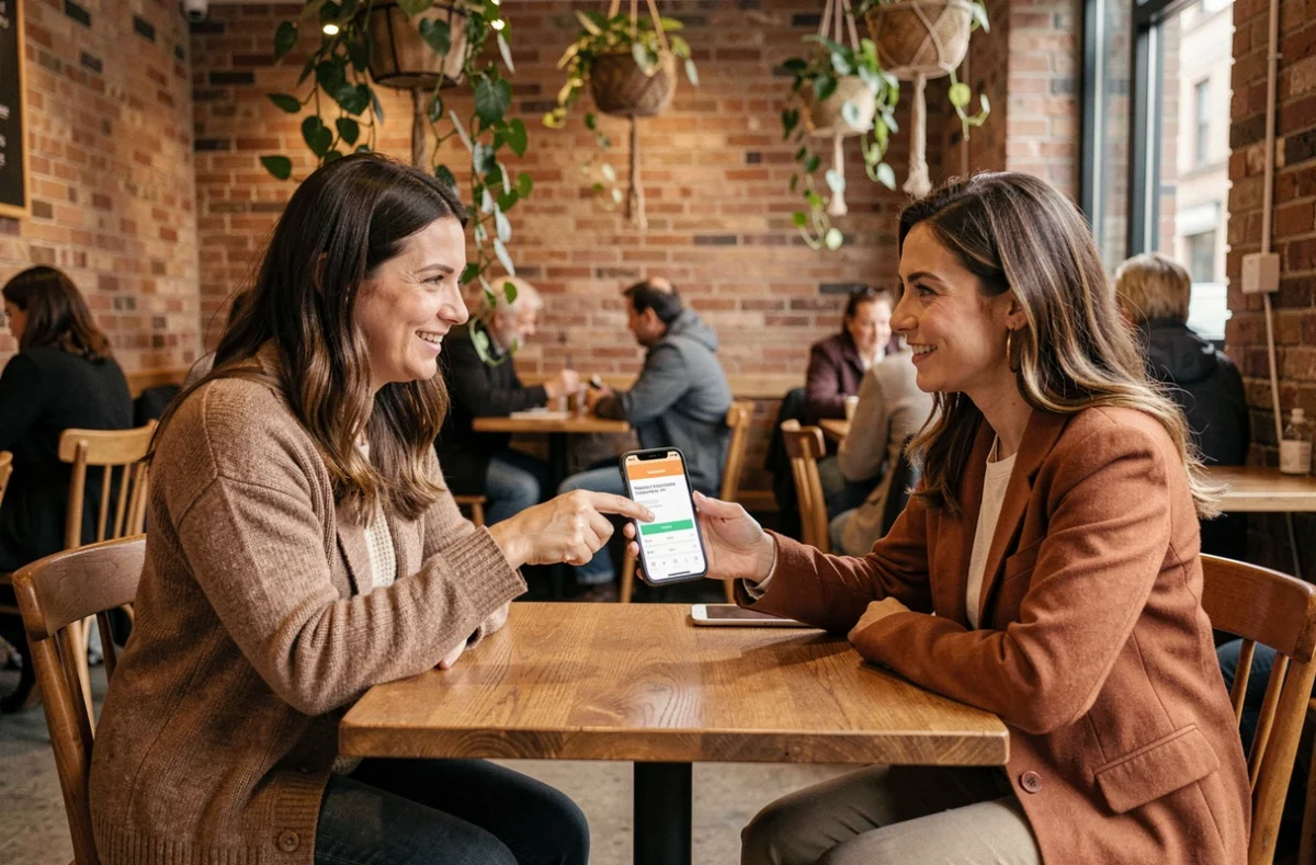 Deux femmes discutant des résultats d'un test de personnalité archange dans un café