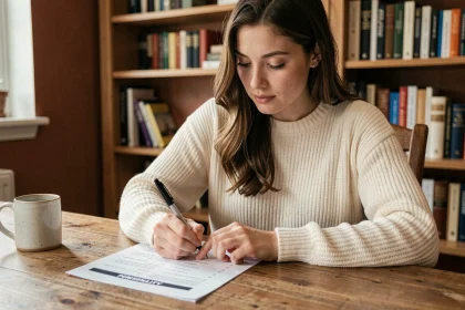 Jeune femme complétant un test de personnalité archange sur une feuille imprimée dans un bureau cosy