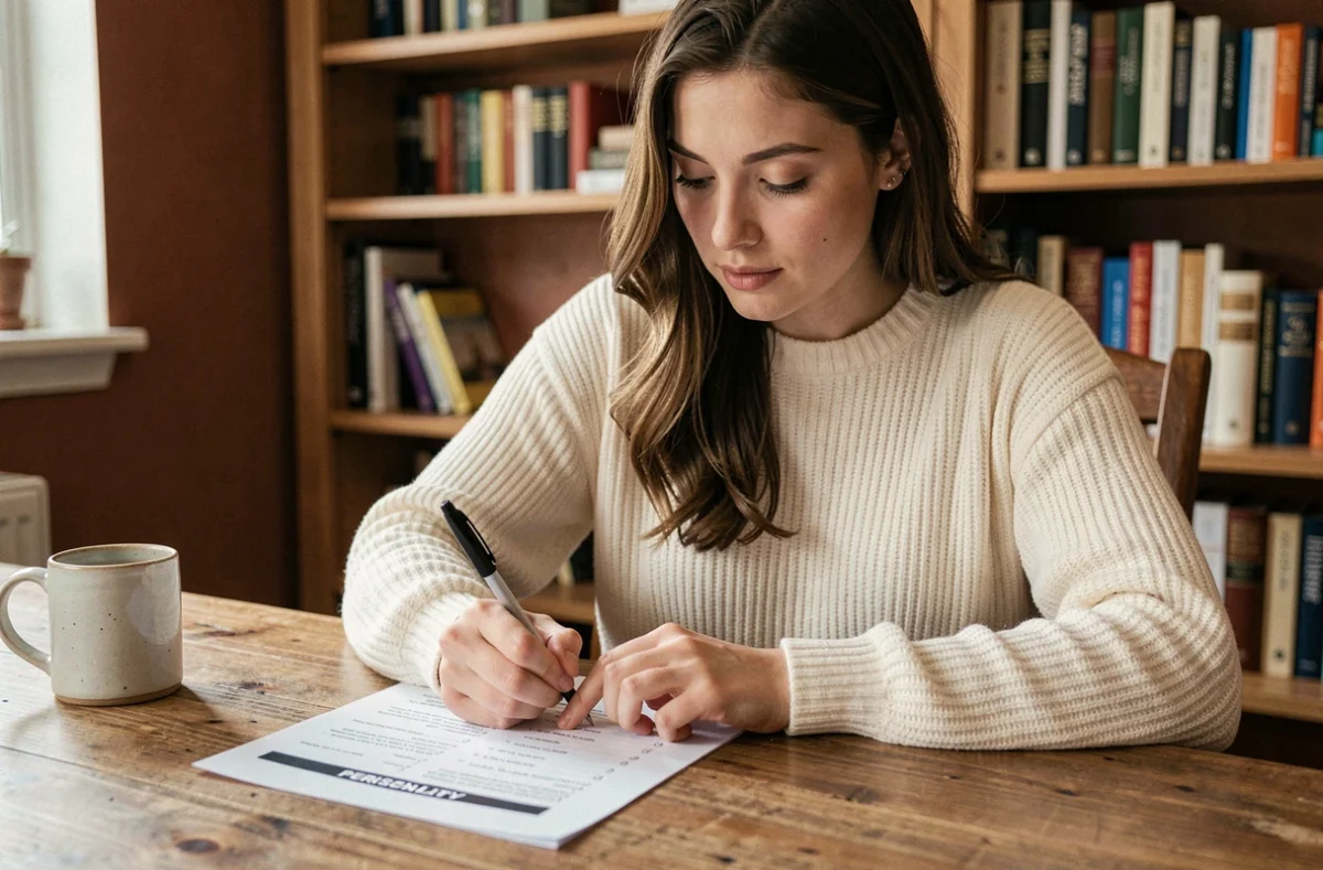 Jeune femme complétant un test de personnalité archange sur une feuille imprimée dans un bureau cosy