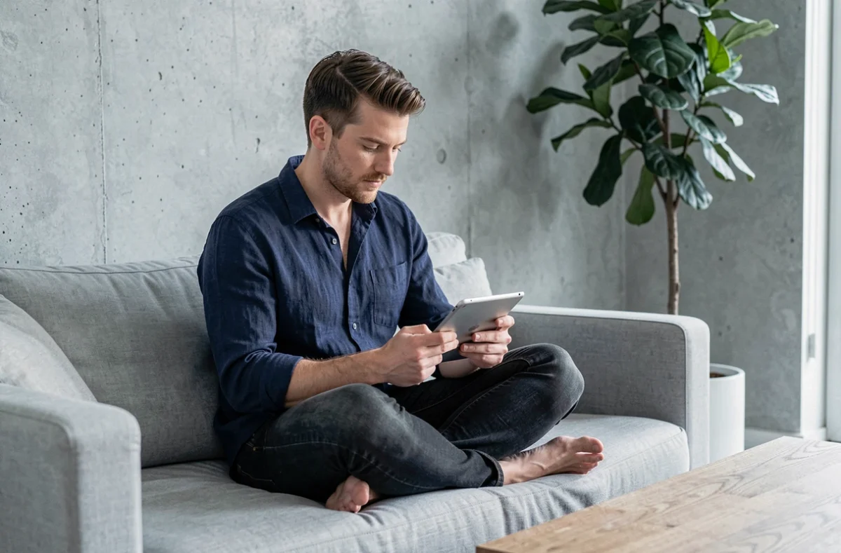 Homme utilisant une tablette pour faire un test de personnalité archange dans un salon moderne