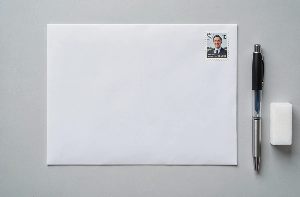 Vue de dessus d'une enveloppe A4 blanche avec un timbre posté dans le coin supérieur droit sur un bureau gris