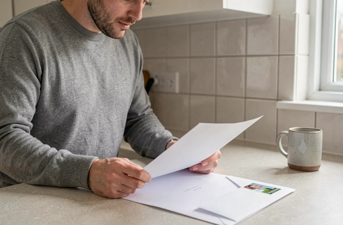 Homme pliant une feuille A4 et préparant une enveloppe avec un timbre collé dans le coin droit