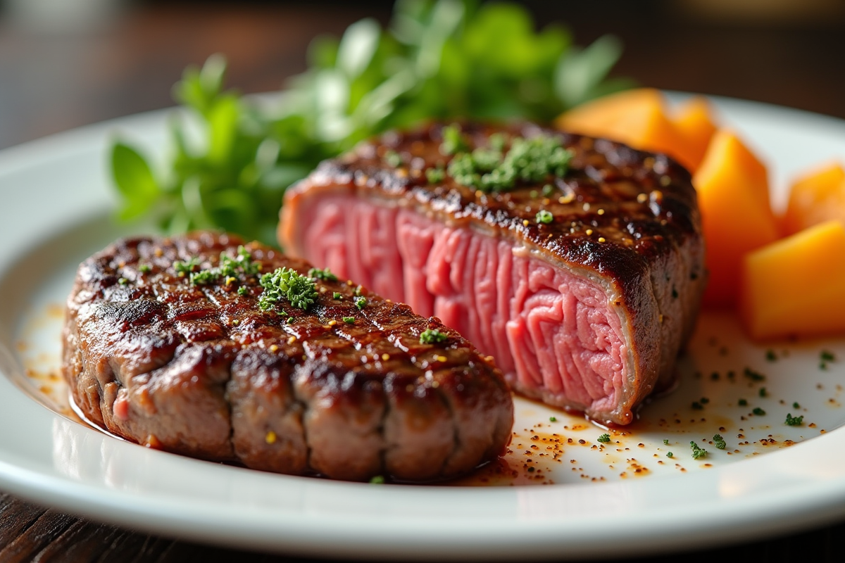 Tranche de steak hamburger juteux sur une assiette blanche