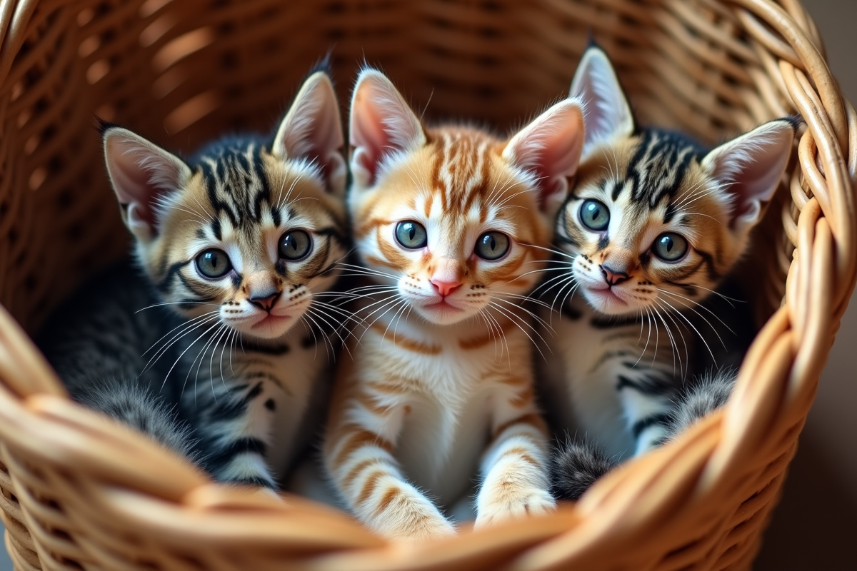 Trois chatons tigrés dans un panier en osier