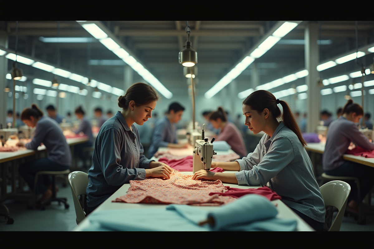 Usine textile des années 1990 avec ouvriers et tissus colorés