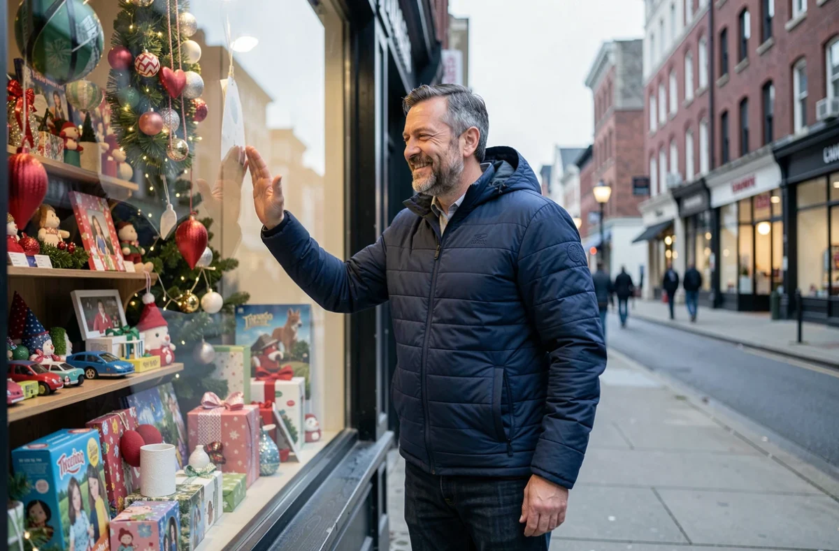 Homme soulagé devant la vitrine décorée d'un magasin ouvert le dimanche 22 décembre pour ses achats de Noël