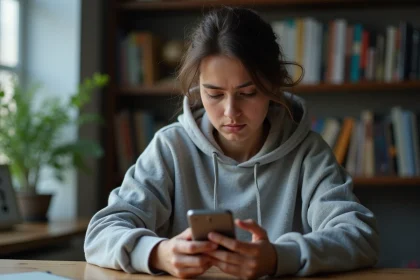 Jeune femme consultant anonymement des stories Instagram sur son smartphone depuis son bureau à domicile