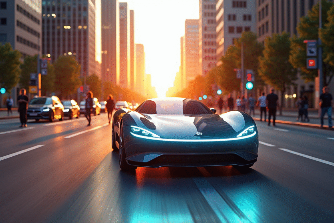 Voiture électrique futuriste sur une ville high-tech au lever du soleil