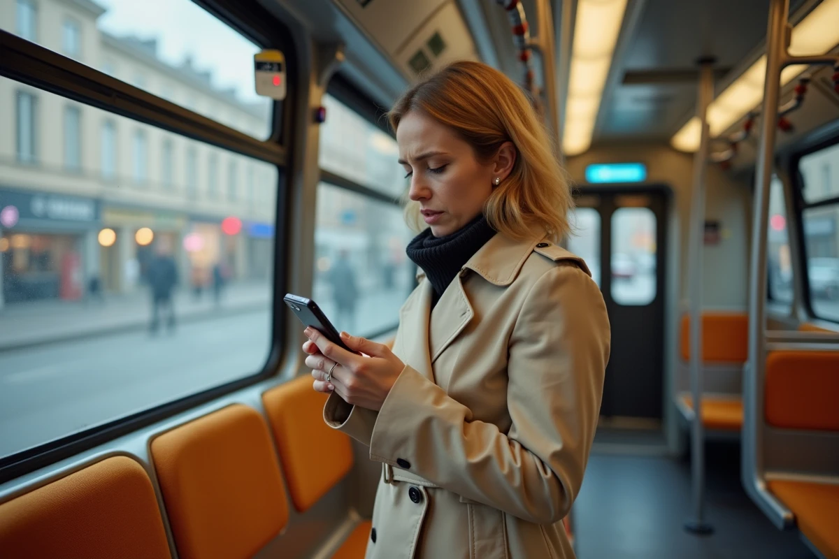 Femme consultant son téléphone dans le tramway T3B signalant un retard en ligne